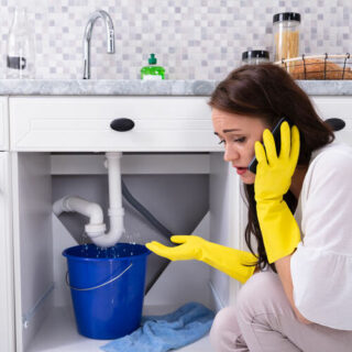 Sad Young Woman Calling Plumber In Front Of Water Leaking From Sink Pipe