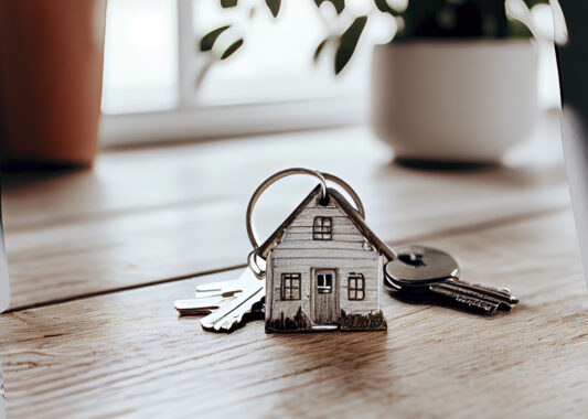 Real estate concept - Key ring and keys on white wooden background.Generative AI